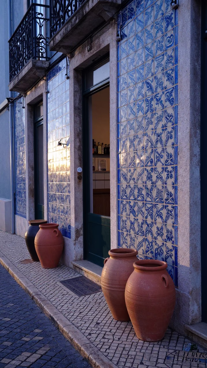 Dawn light on Lisbon tiled street with stoneware crocks and bread basket in in Lisbon, Portugal