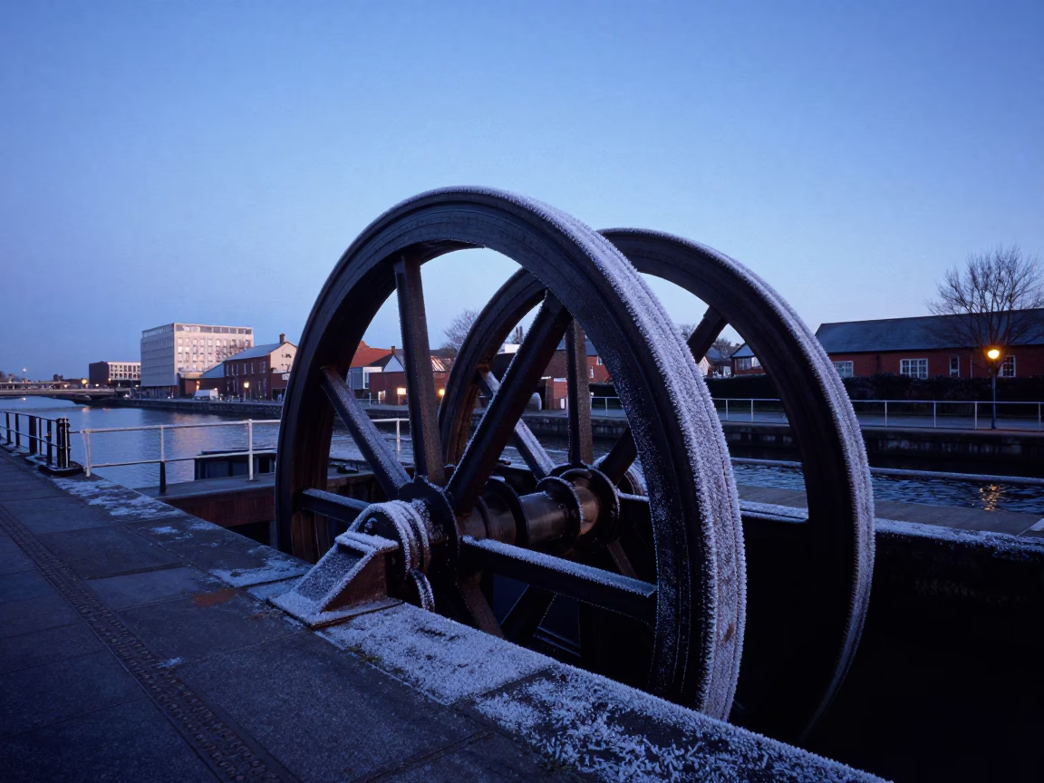Dawn Light on Liverpool Canal Sluice Gate Wheel with Frost and Brickwork in in Liverpool, United Kingdom