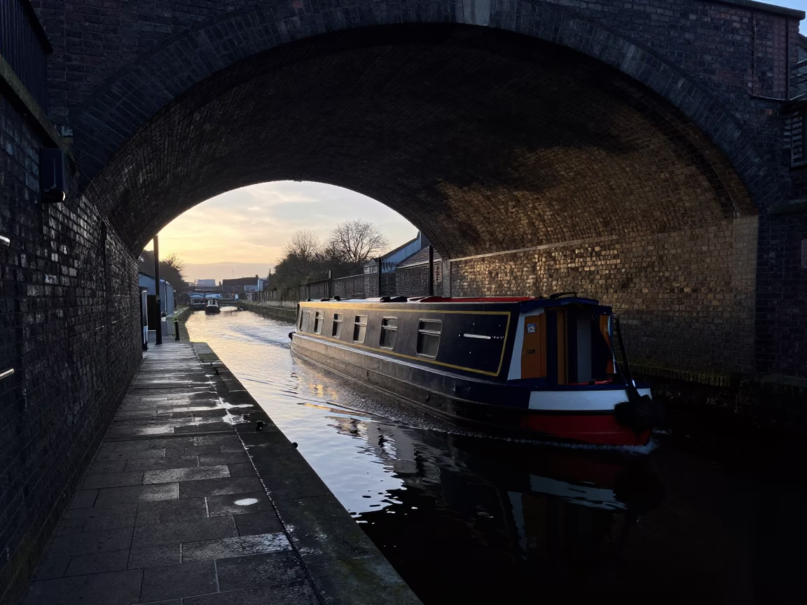 Dawn Light on Liverpool Docks Narrowboat Passing Through Brick Canal Tunnel Before Sunrise in in Liverpool, United Kingdom