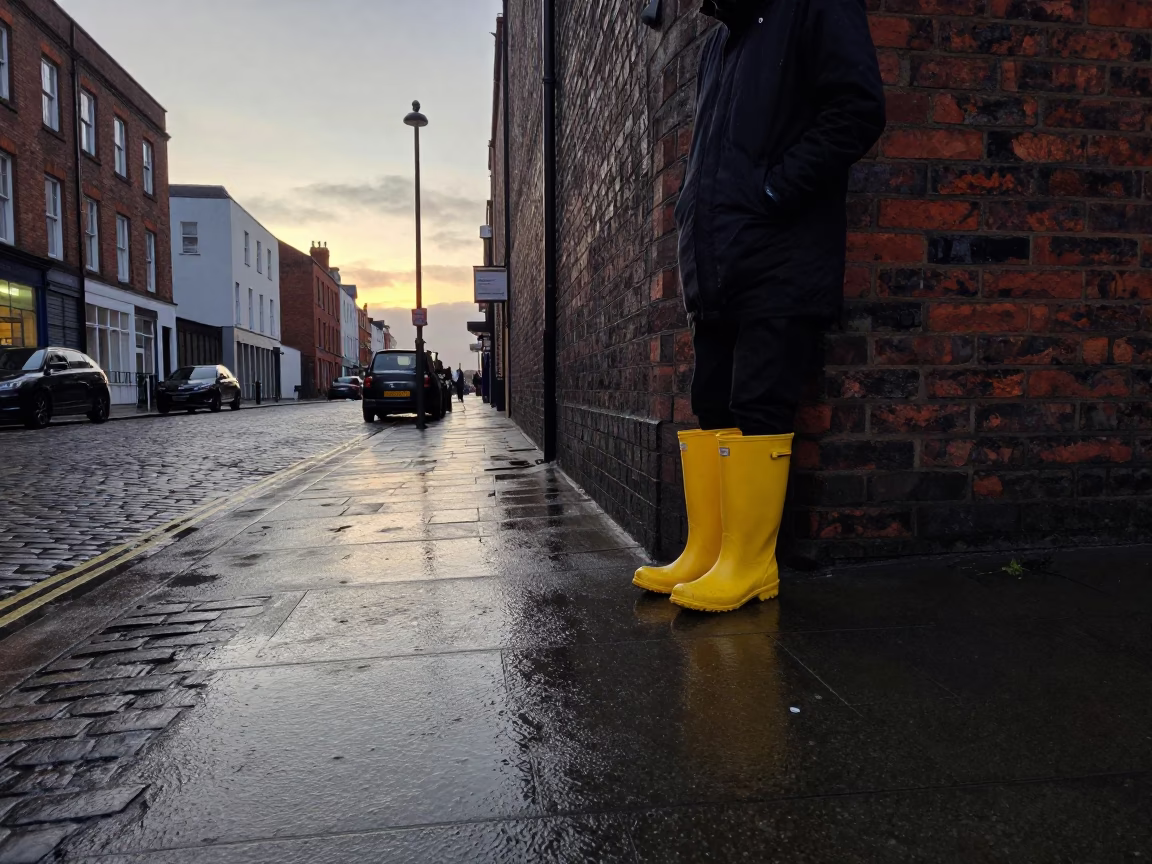 Dawn Light on Liverpool Street Corner with Rain Boots and Broom in in Liverpool, United Kingdom