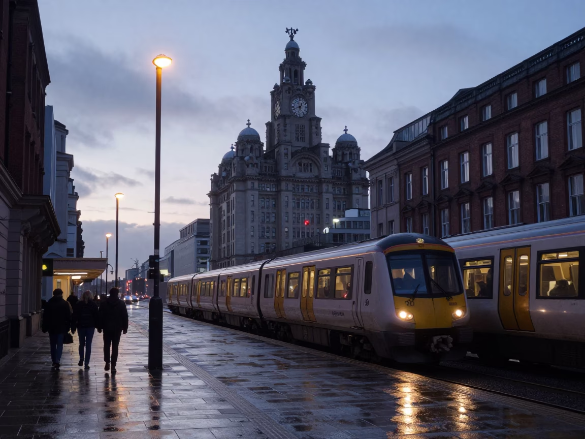 Dawn light on Liverpool street with commuter train and local storefronts in in Liverpool, United Kingdom