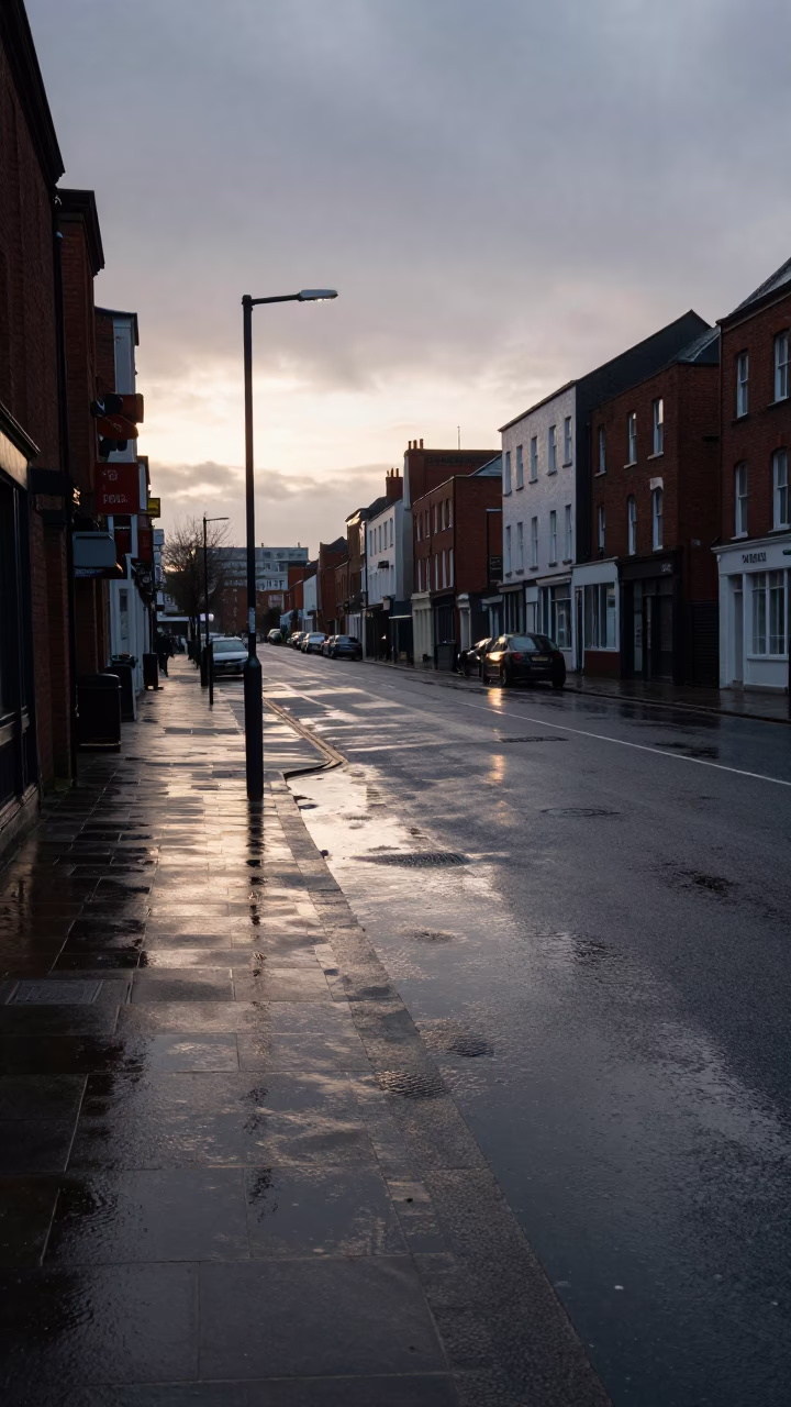 Dawn light on Liverpool street with rain puddles and urban greenery in in Liverpool, United Kingdom