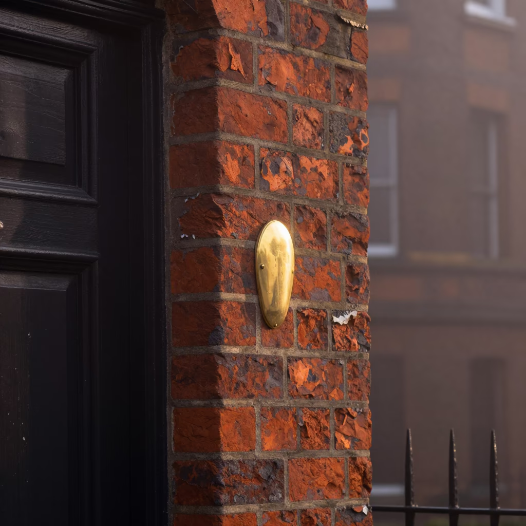 Dawn light on London brickwork with brass escutcheon and pollen details in in London, United Kingdom