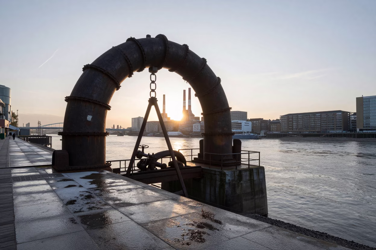 Dawn Light on London Docklands Steel Penstock and Urban Riverbank Scene in in London, United Kingdom