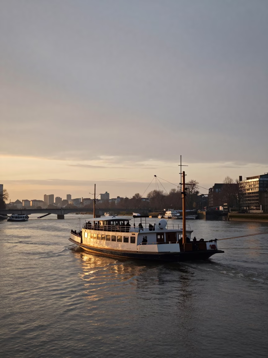 Dawn Light on London River with Chain Ferry and Breakfast Stall in in London, United Kingdom