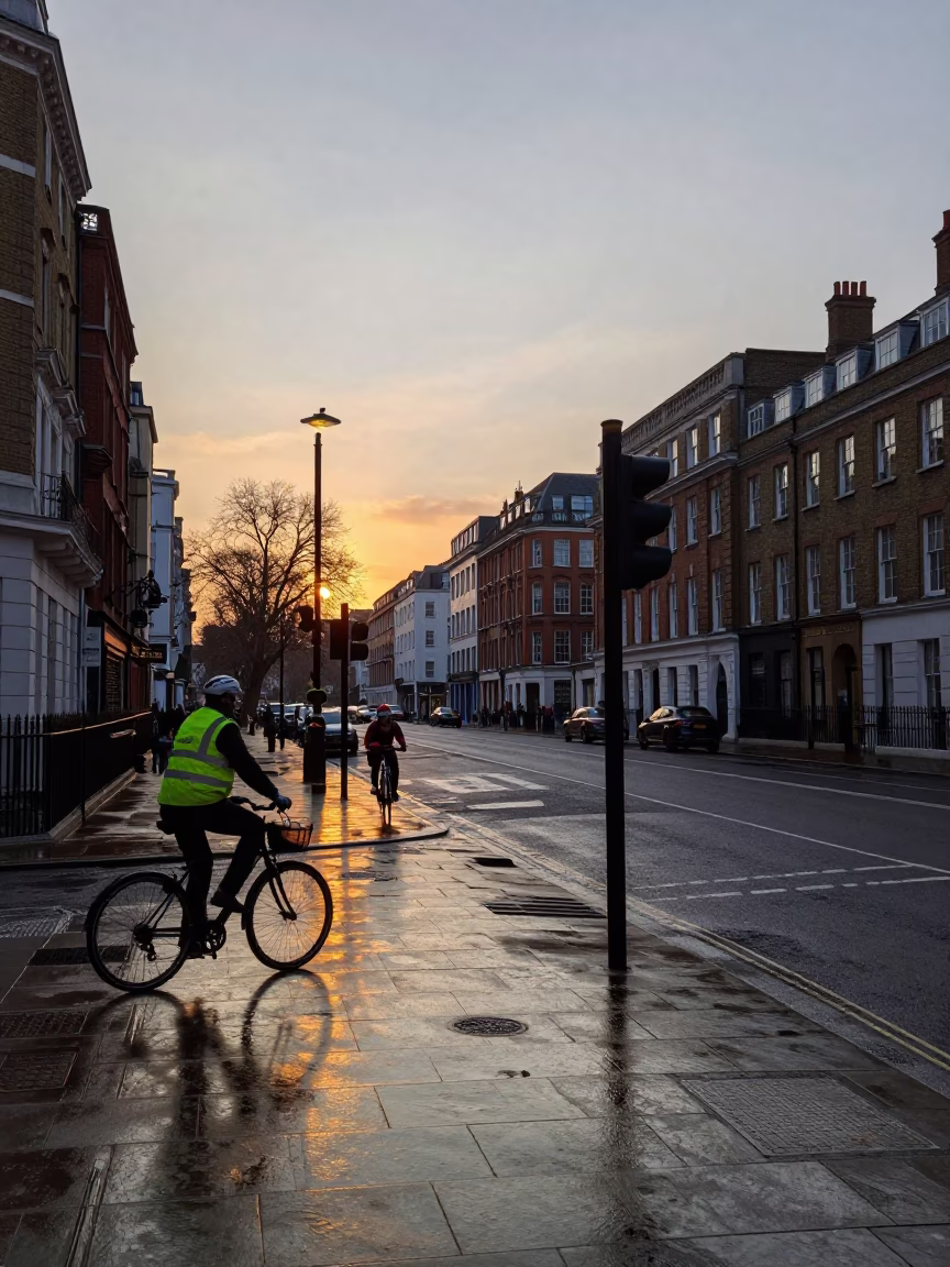 Dawn light on London street corner with cyclist and urban details in in London, United Kingdom