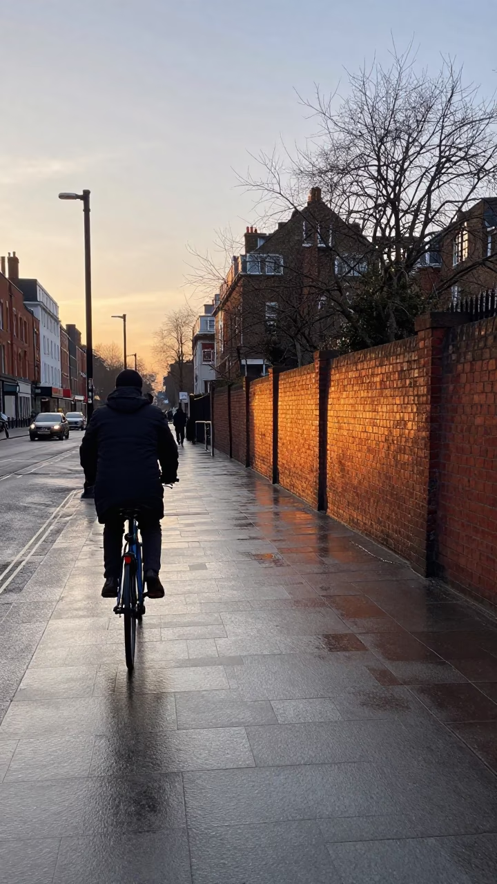 Dawn light on London street with commuter and bicycle near brick wall in in London, United Kingdom