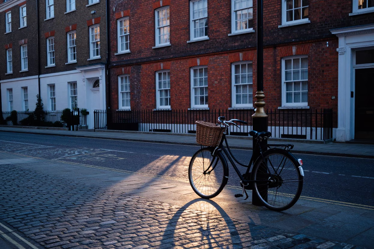 Dawn Light on London Street with Vintage Bicycle and Newspaper Vendor in in London, United Kingdom