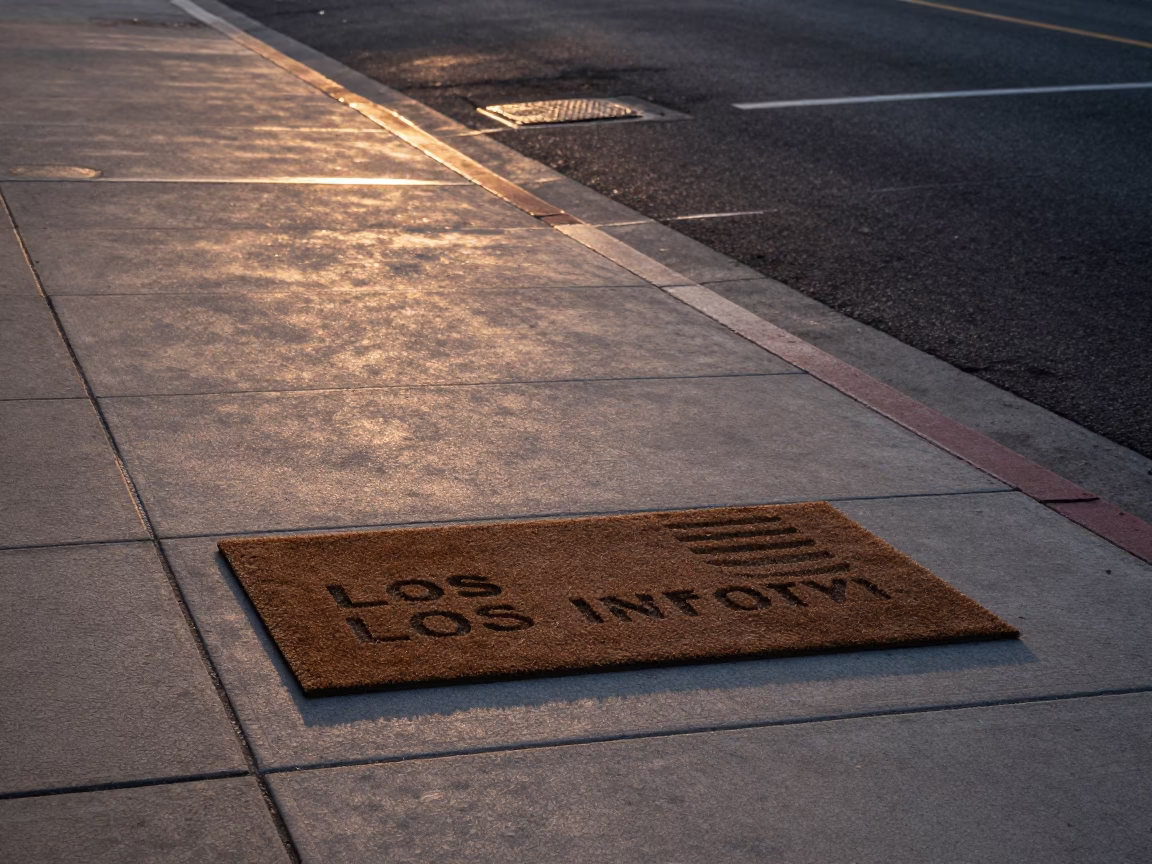 Dawn light on Los Angeles street corner with doormat and urban details in in Los Angeles, California, United States