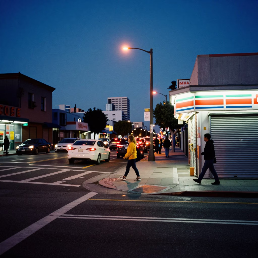 Dawn Light on Los Angeles Street Corner with Pedestrians and Urban Details Before Sunrise in in Los Angeles, California, United States