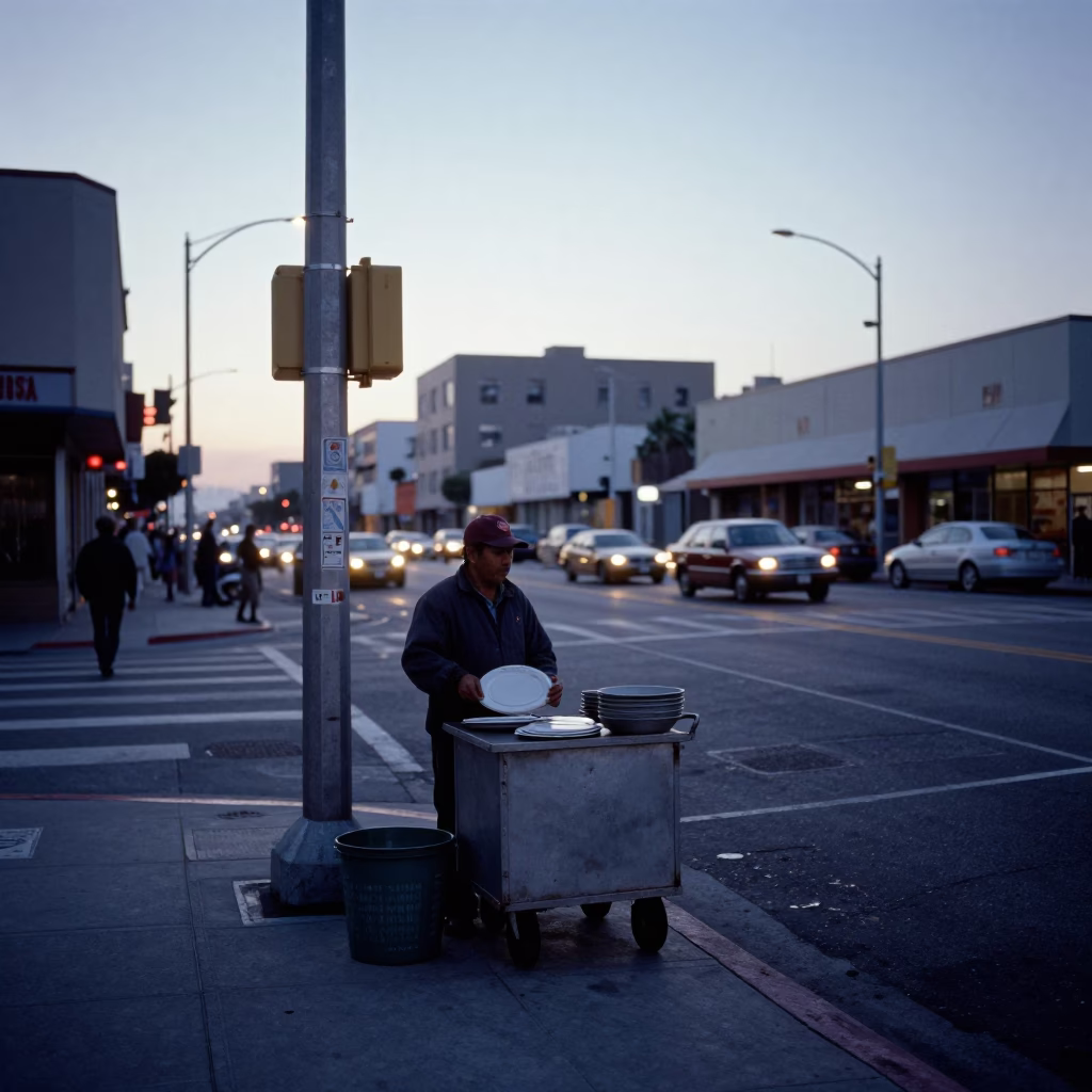 Dawn Light on Los Angeles Street Corner with Plate and Chai in in Los Angeles, California, United States