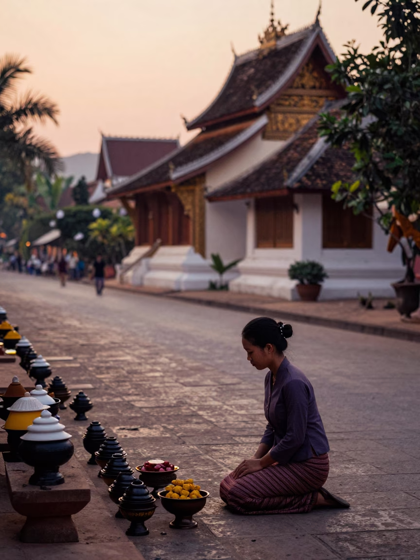 Dawn Light on Luang Prabang Street with Alms Offerings and Morning Market Activity in in Luang Prabang, Laos