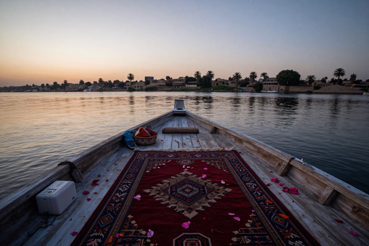 Dawn Light on Luxor Nile Dhow with Carpet Petals and Tea Tray in in Luxor, Egypt