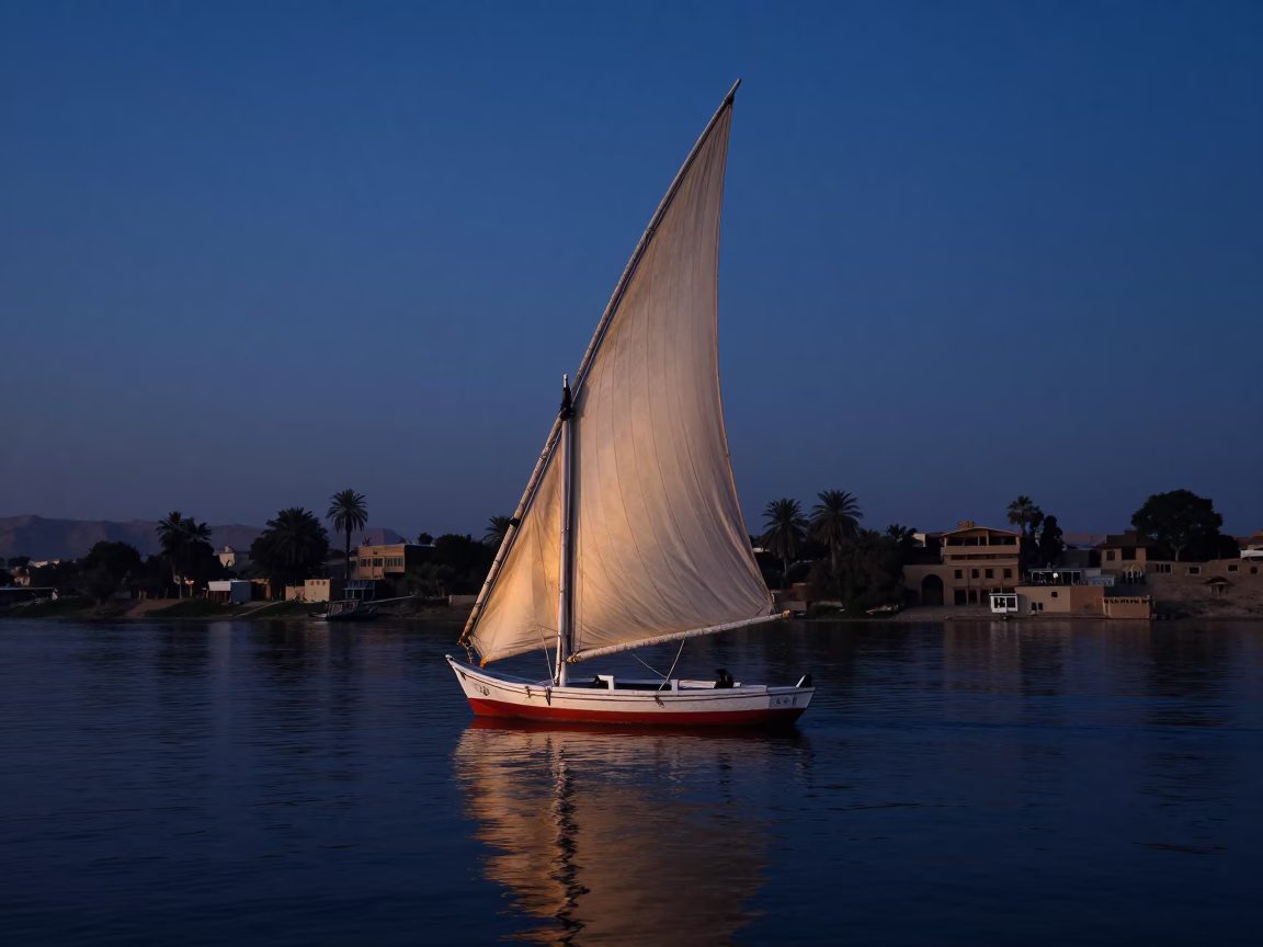 Dawn Light on Luxor Nile Embankment with Traditional Felucca and Stone Architecture in in Luxor, Egypt