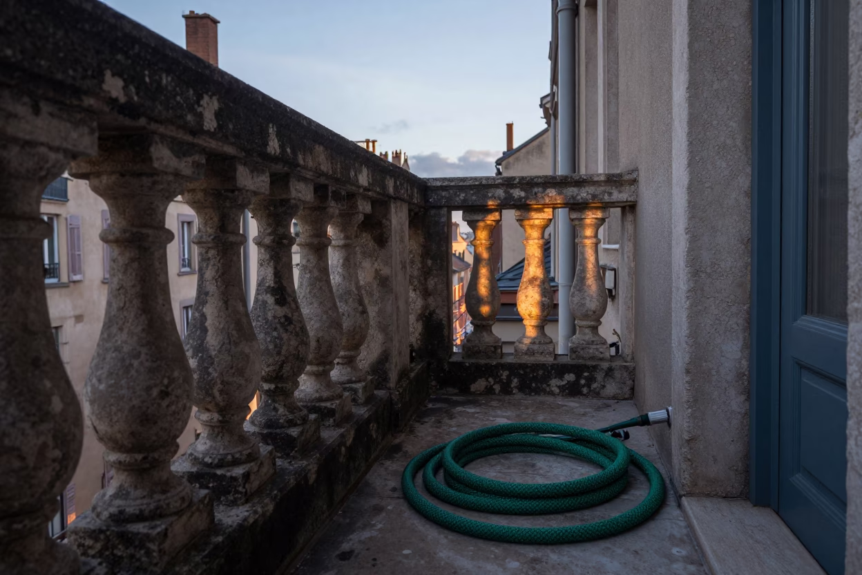 Dawn Light on Lyon Balcony with Garden Hose and Birdhouse in in Lyon, France