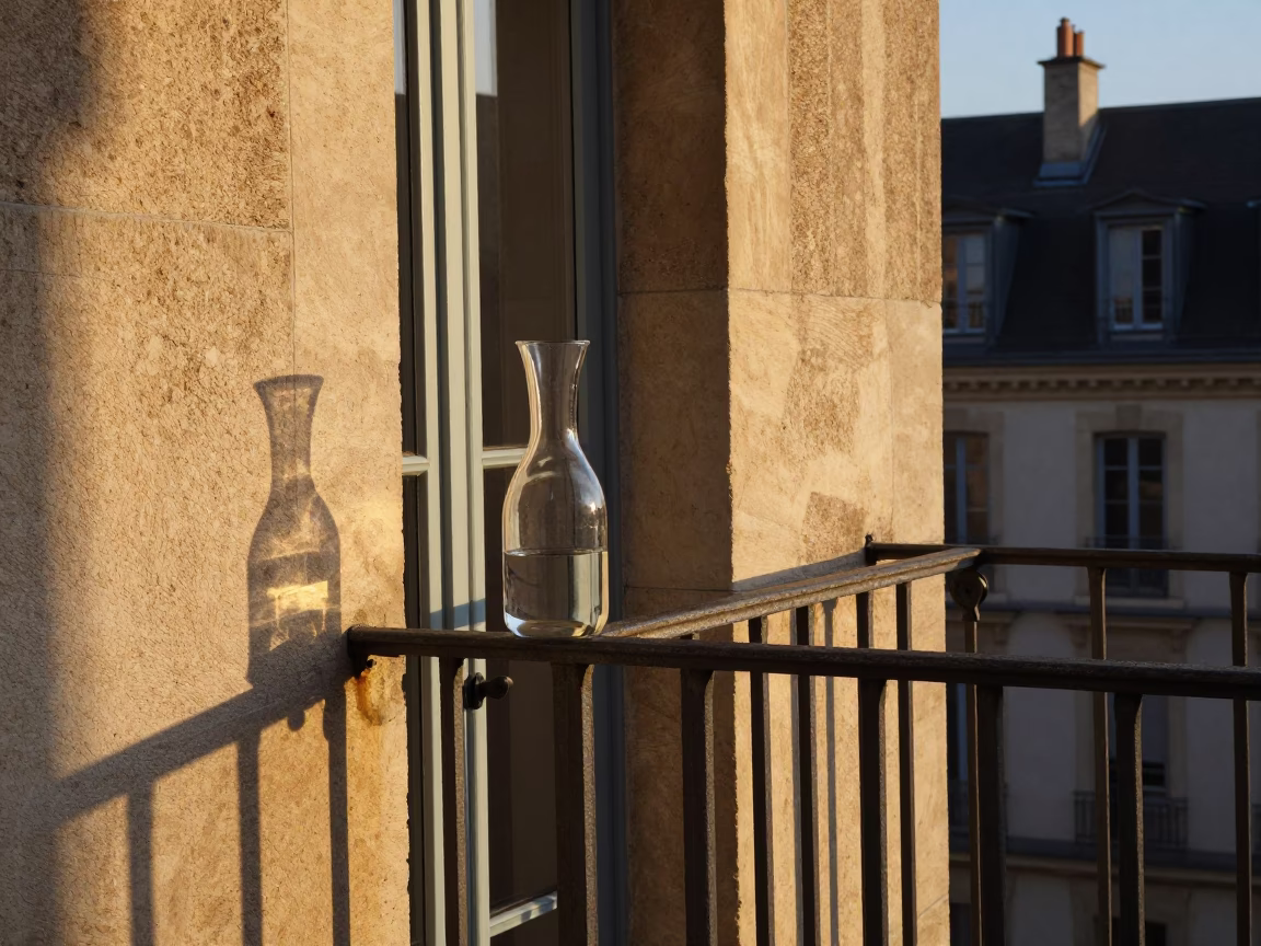 Dawn light on Lyon balcony with glass carafe and rusted iron railing in in Lyon, France