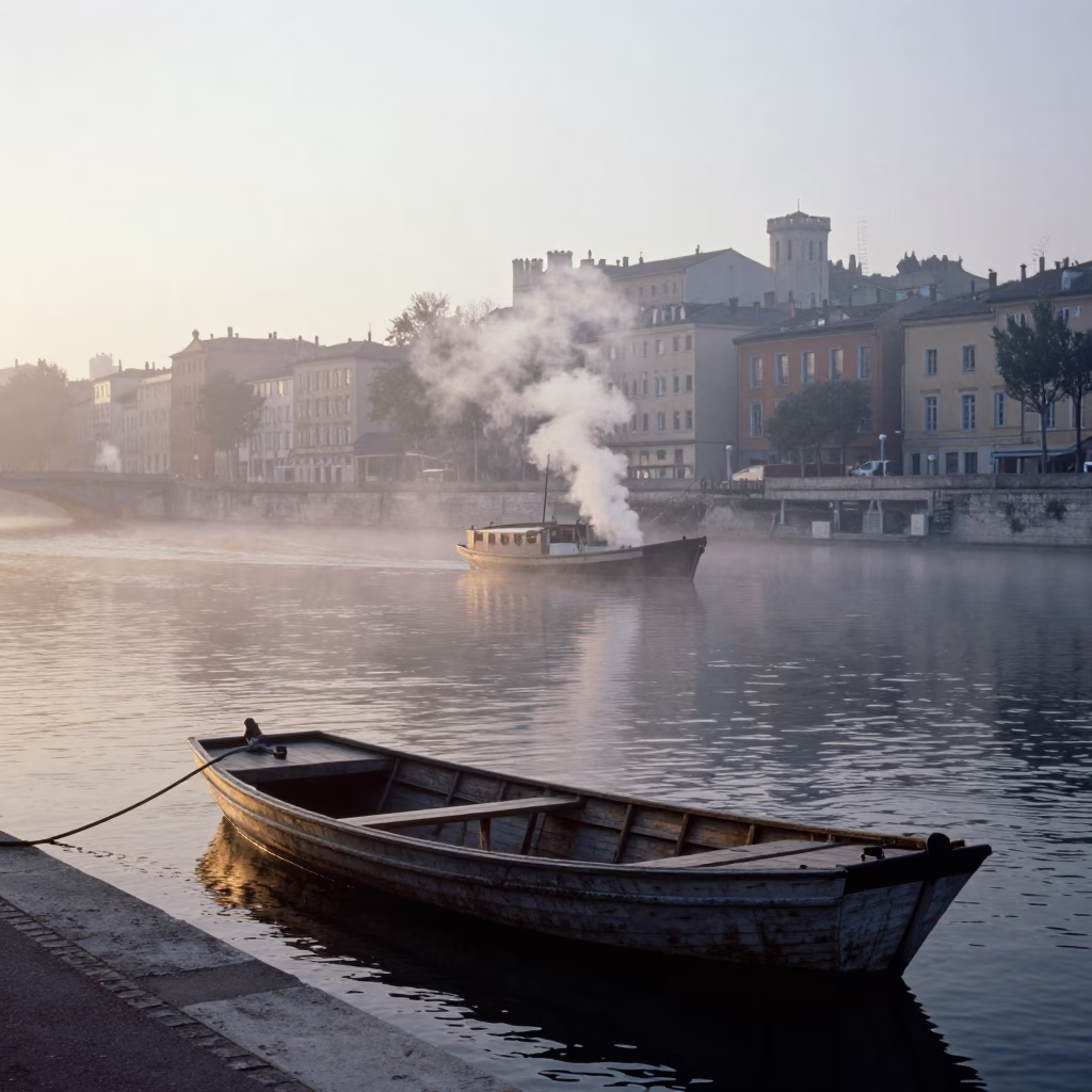 Dawn light on Lyon quays with steam and old wooden boat in in Lyon, France