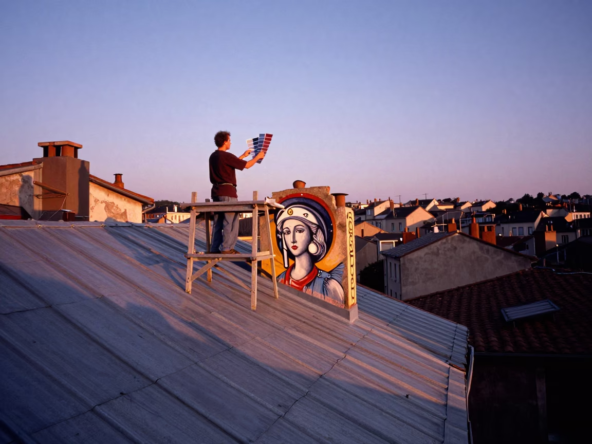 Dawn Light on Lyon Rooftops with Vintage Mural Swatches and Peg Rails in in Lyon, France