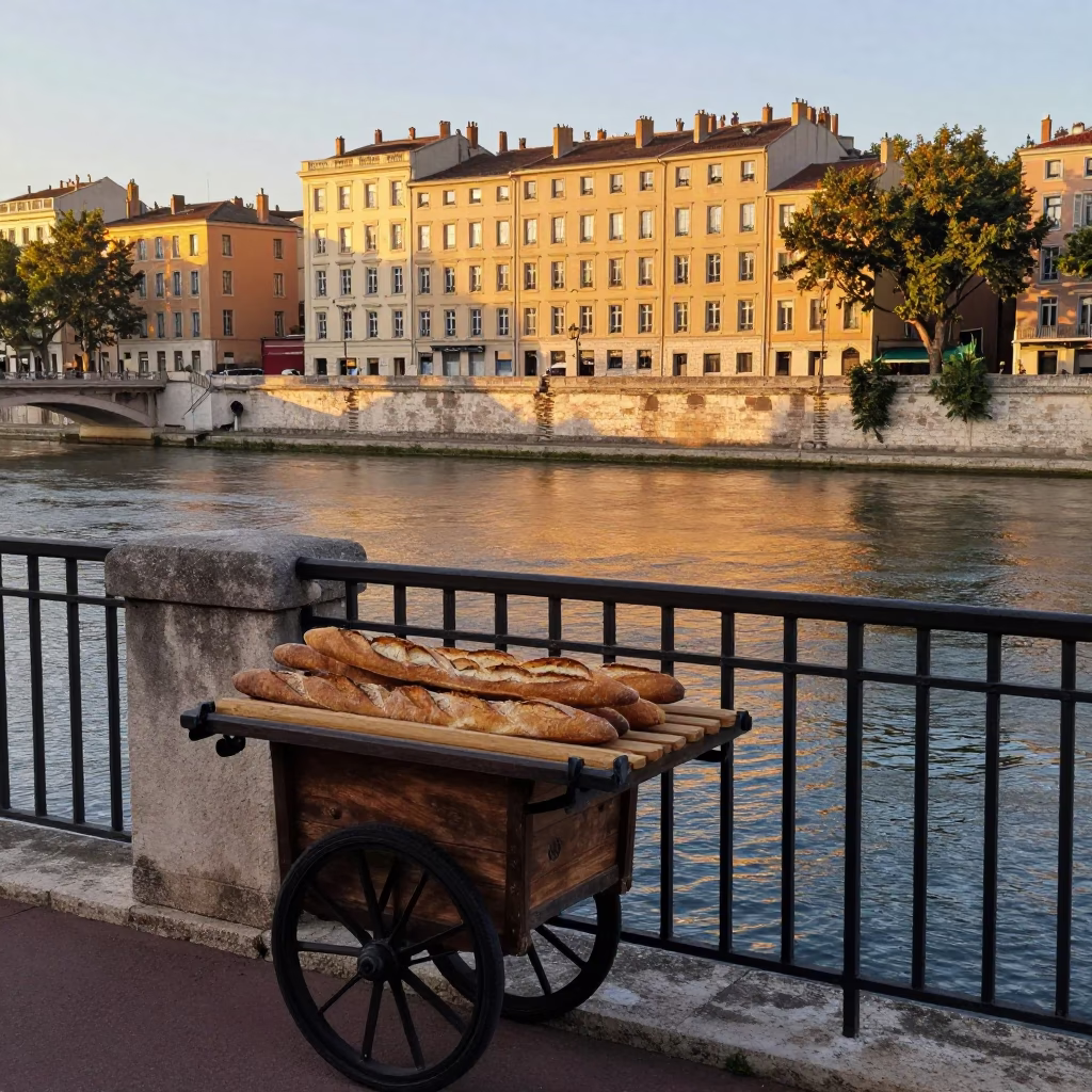 Dawn Light on Lyon's Quai Saint-Vincent with Baguettes and River Reflections in in Lyon, France
