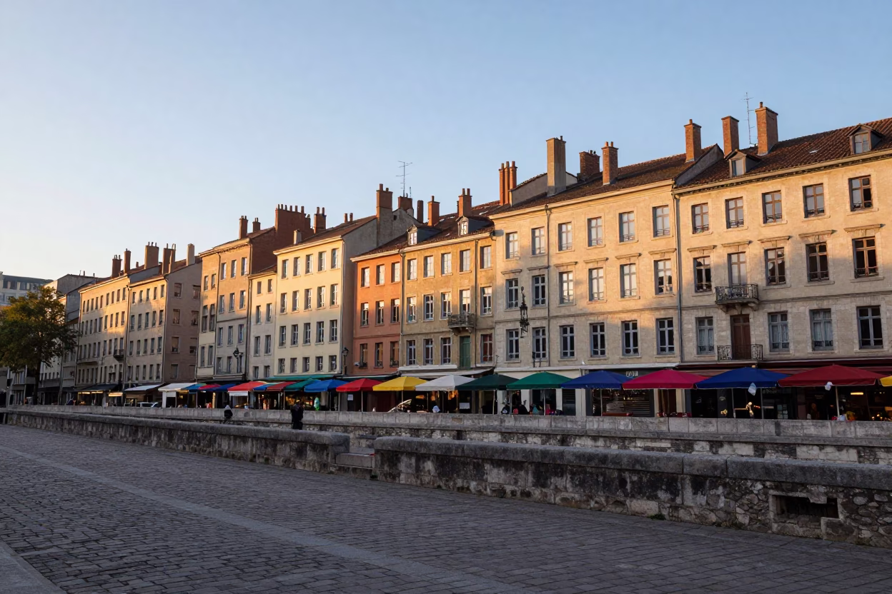 Dawn Light on Lyon's Quai Saint-Vincent with Colorful Umbrellas and Stone Architecture in in Lyon, France
