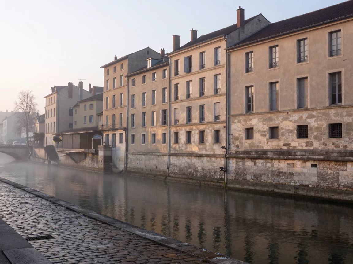 Dawn Light on Lyon Stone Facades and Quiet Riverbank at First Light in in Lyon, France