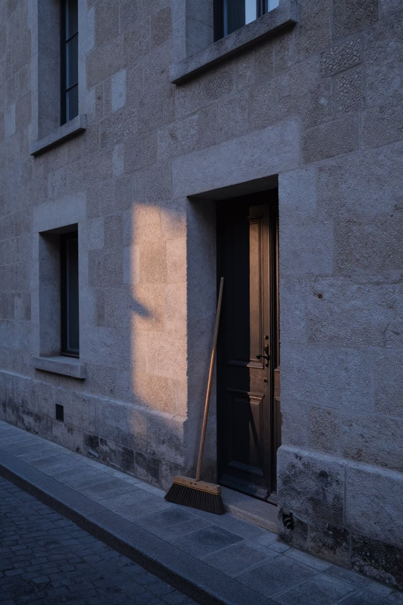 Dawn Light on Lyon Stone Facades with Hand Broom and Paint Flecks in in Lyon, France