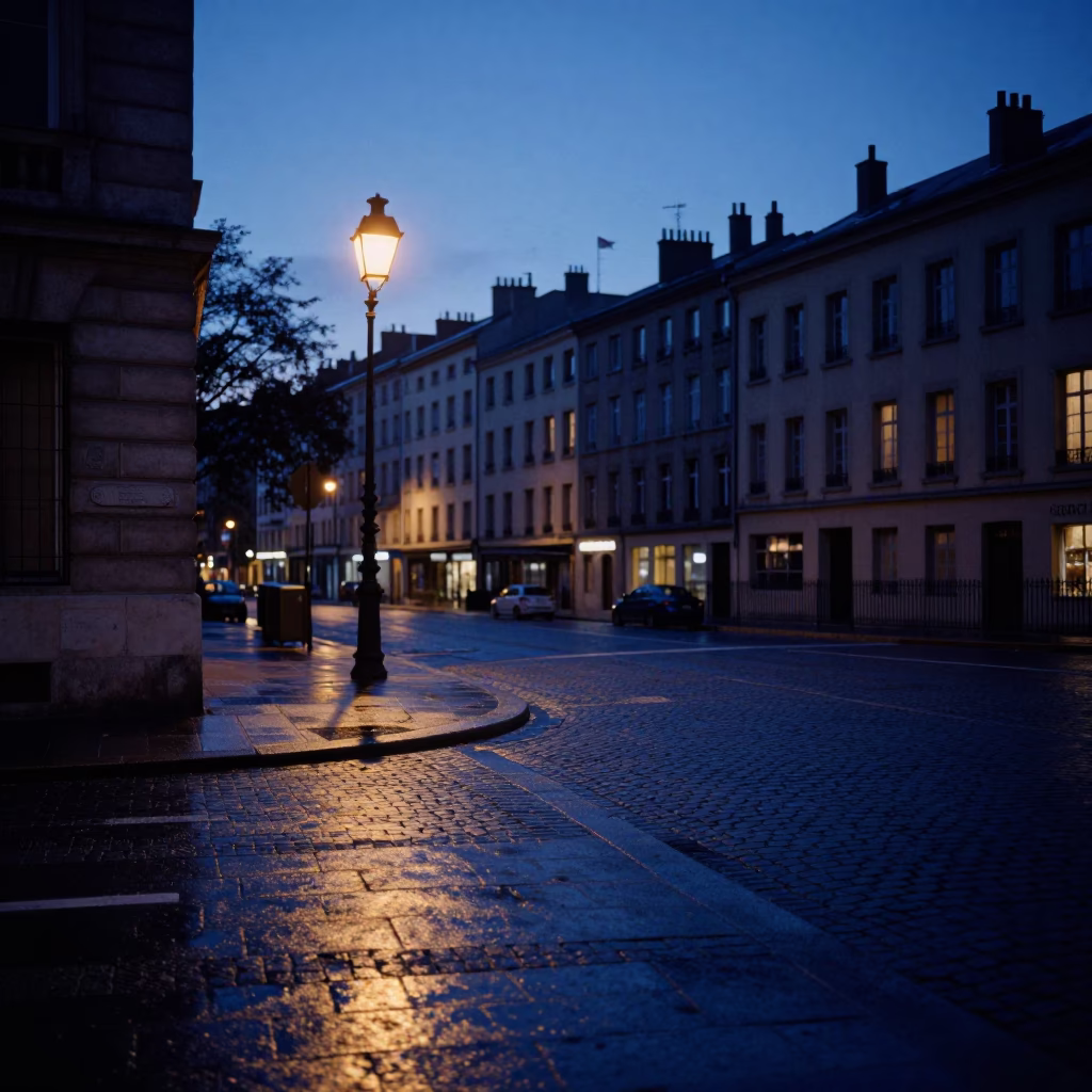 Dawn Light on Lyon Street Corner with Espresso Cup and Hook Plate in in Lyon, France