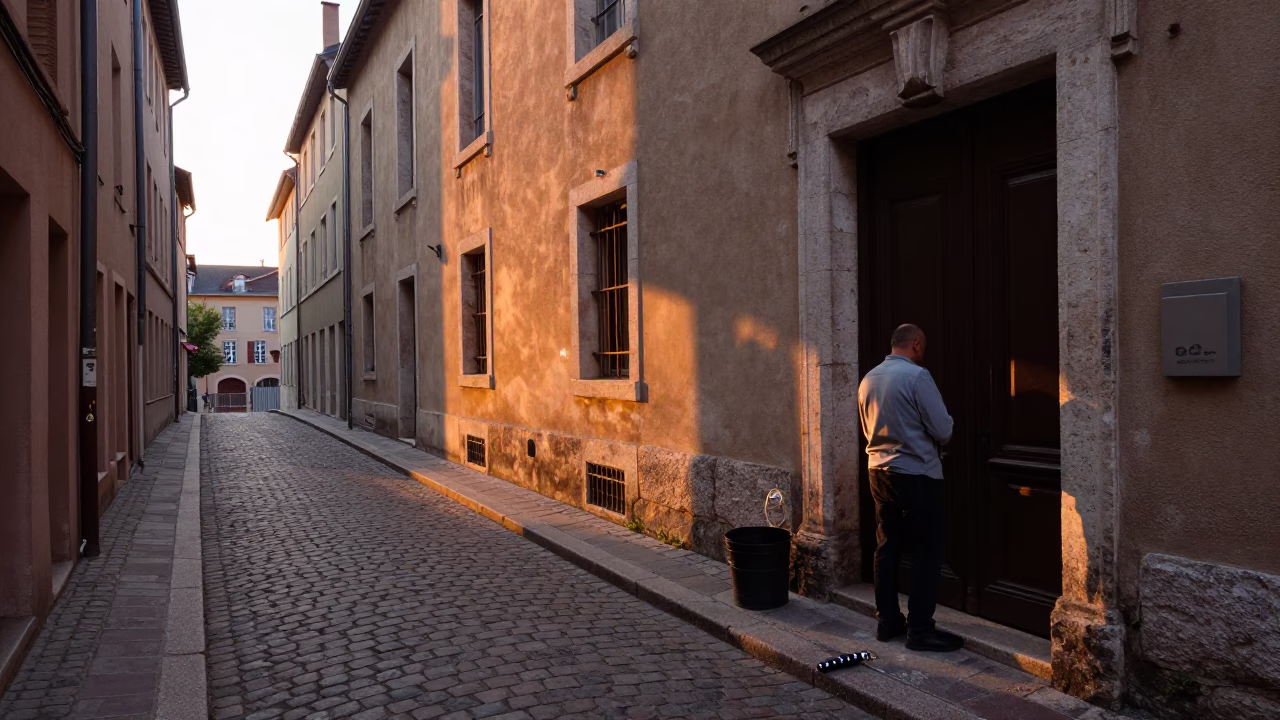 Dawn Light on Lyon Street with Wine Opener and Drain Smudges in in Lyon, France
