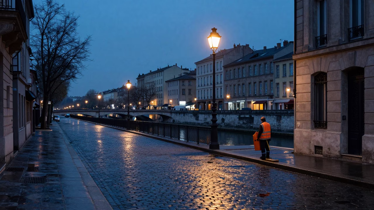 Dawn Light on Lyon Street with Worker and Measuring Tape in in Lyon, France