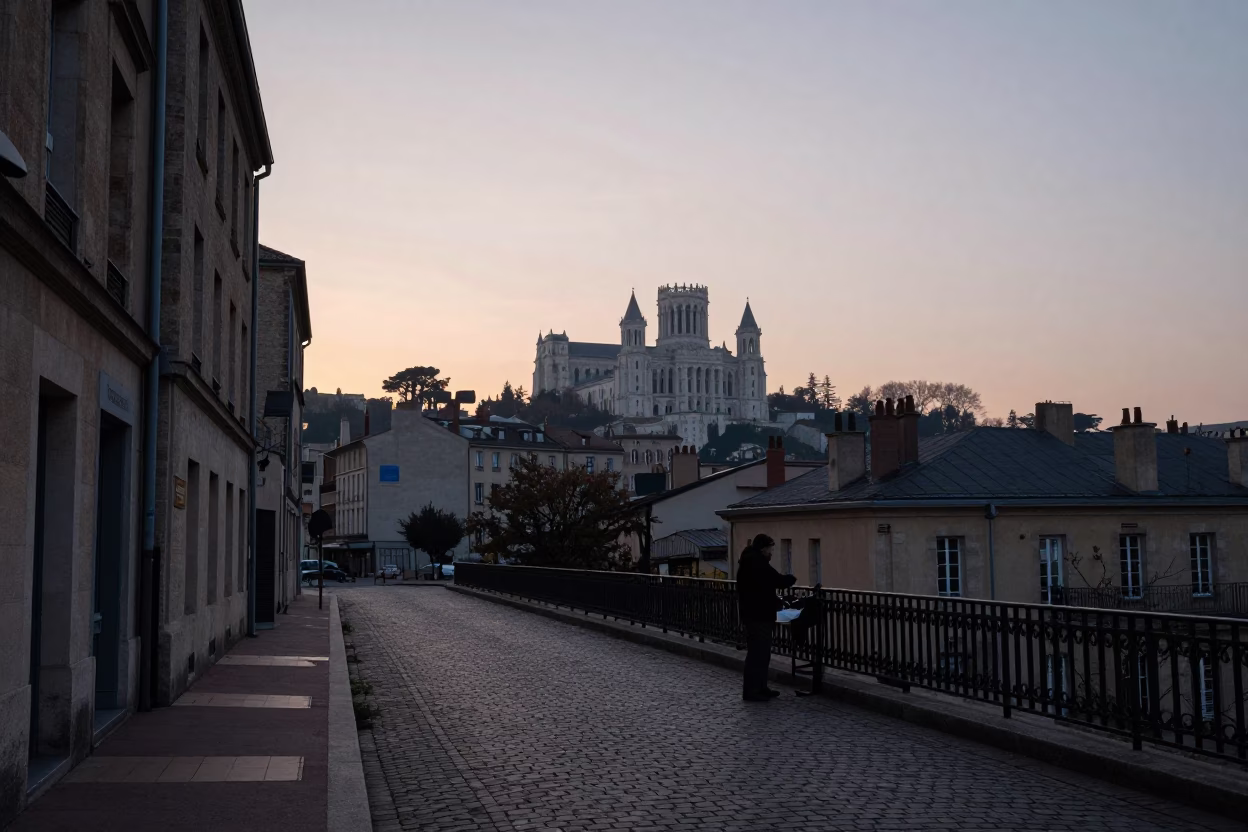 Dawn light on Lyon streets with coq au vin and metal bucket in in Lyon, France