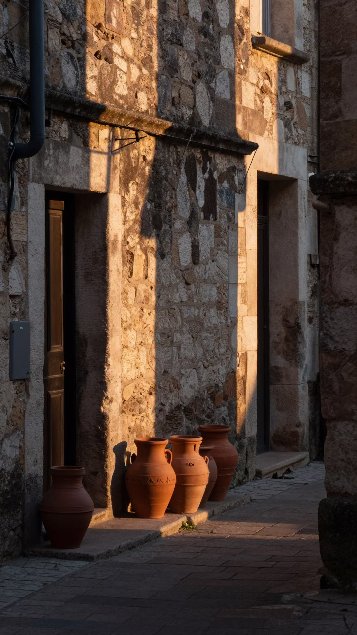 Dawn Light on Lyon Traboules with Clay Pots and Stone Bench in in Lyon, France