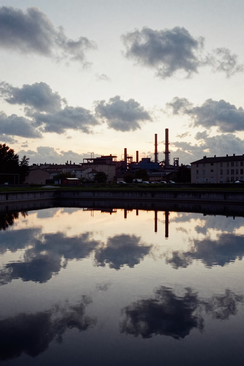 Dawn Light on Lyon Water Treatment Basin Reflecting Industrial Clouds in France in in Lyon, France