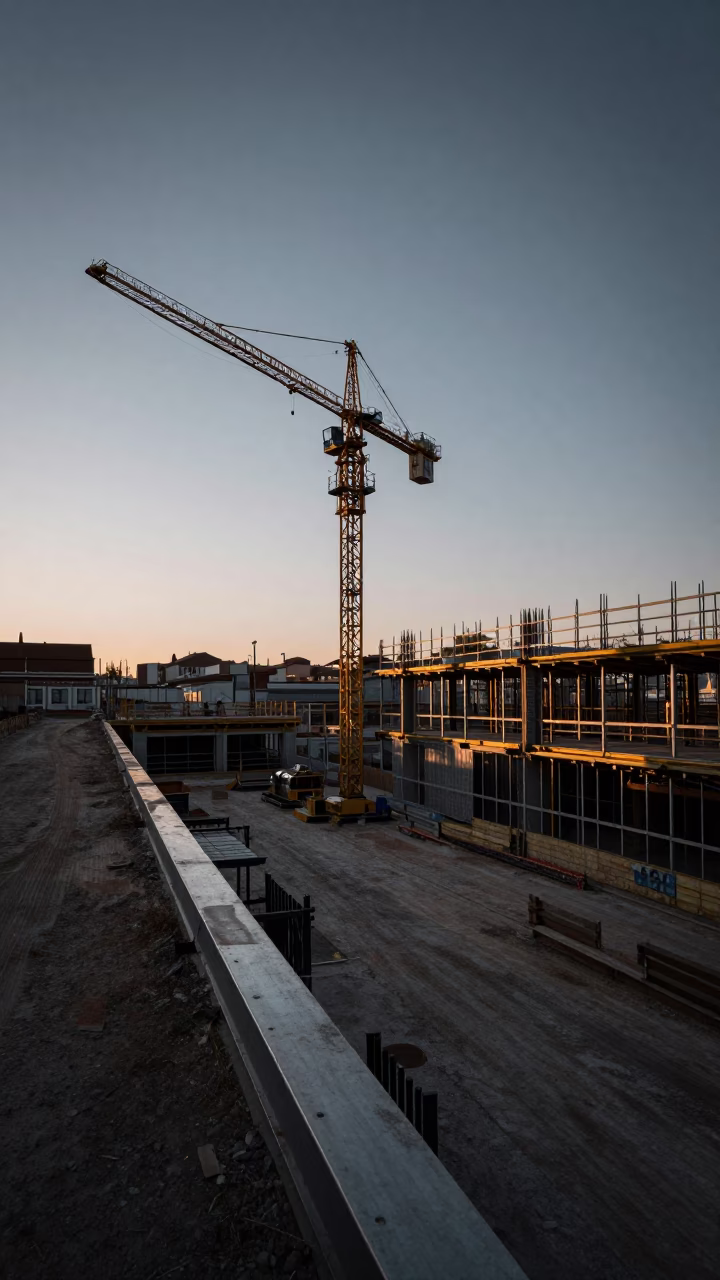 Dawn Light on Madrid Construction Site with Steel Edge and Rebar Bundles in in Madrid, Spain