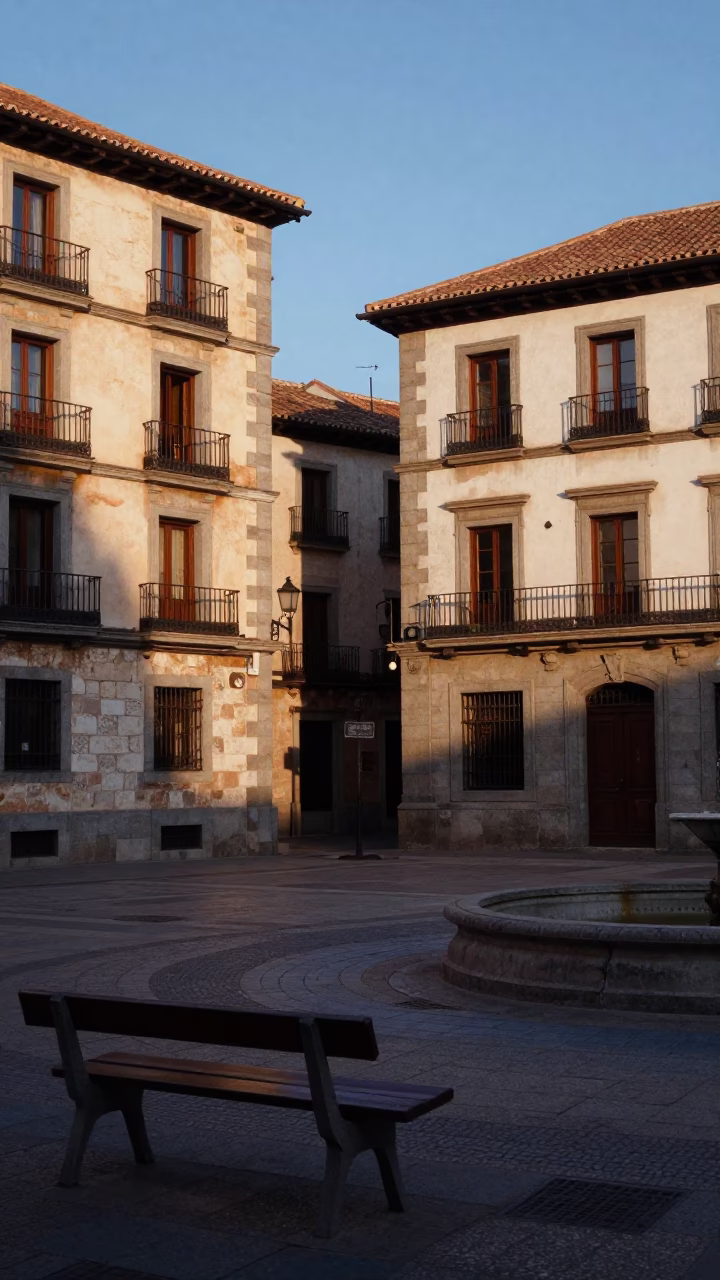 Dawn Light on Madrid Stone Facades and Quiet Plaza Details in in Madrid, Spain