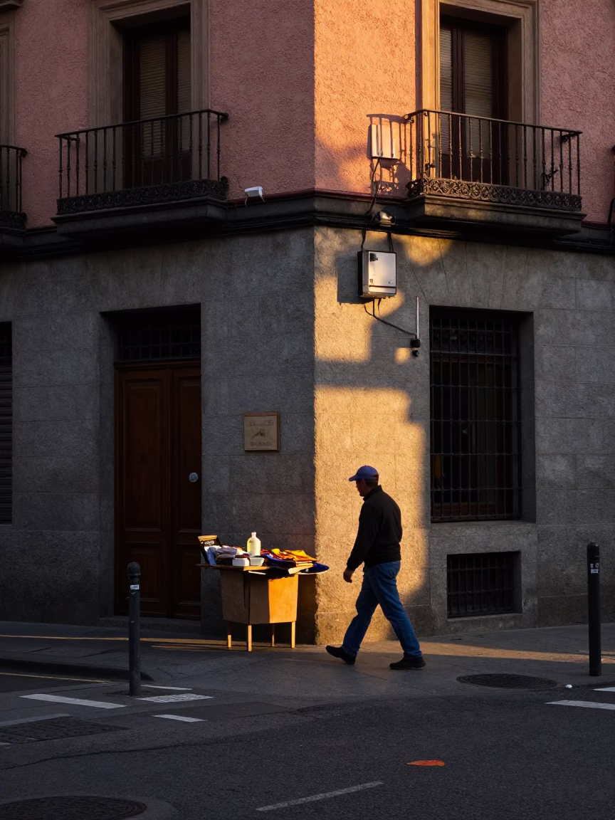 Dawn light on Madrid street corner with market porter carrying woven baskets in in Madrid, Spain