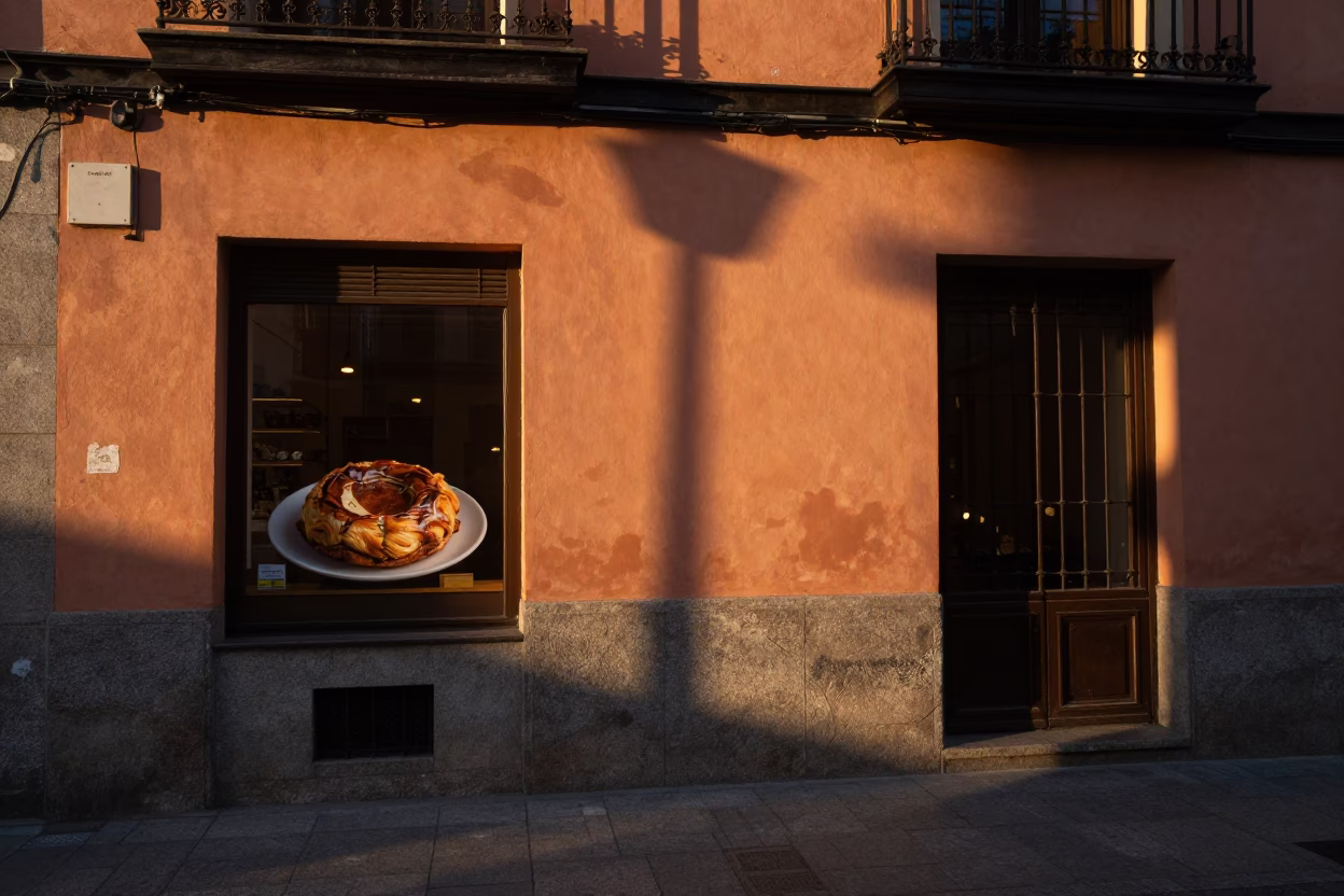 Dawn Light on Madrid Street with Cinnamon Pastilla and Iron Hook Detail in in Madrid, Spain