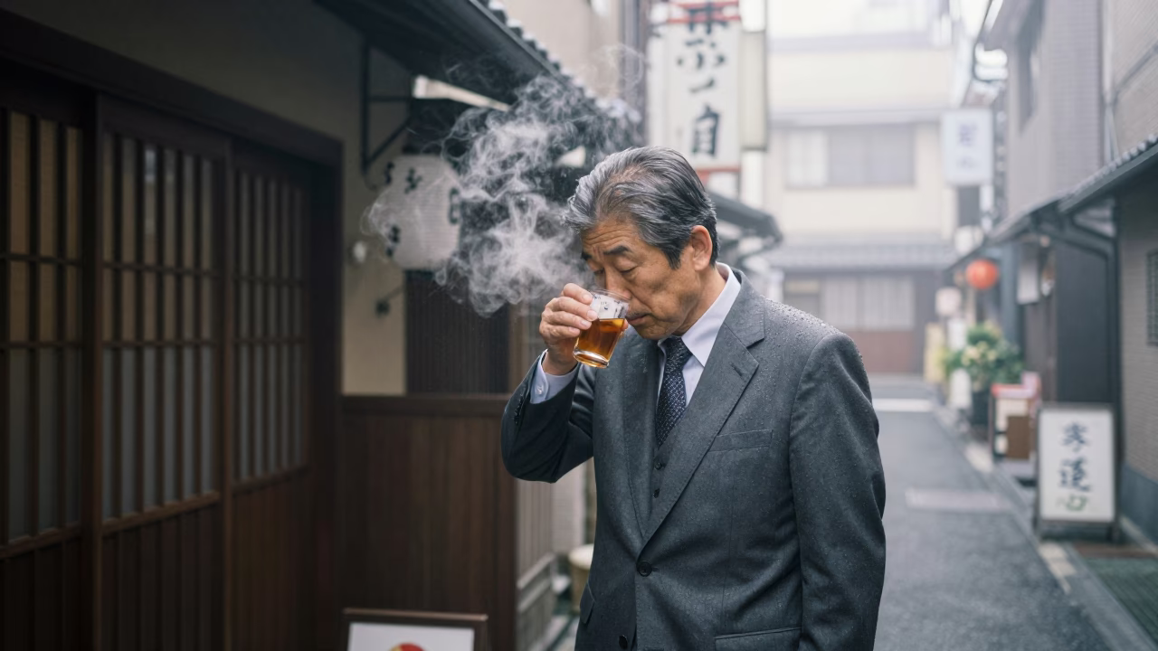 Dawn Light on Man in Tokyo in in Tokyo, Japan