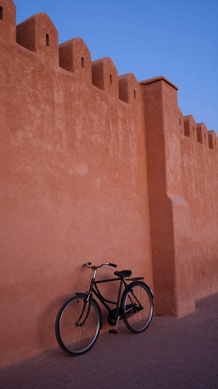 Dawn Light on Marrakech Medina Walls with Vintage Bicycle and Soap Residue in in Marrakech, Morocco