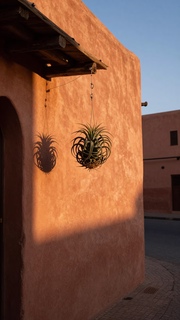 Dawn Light on Marrakech Street with Hanging Air Plant and Fig Branch in in Marrakech, Morocco