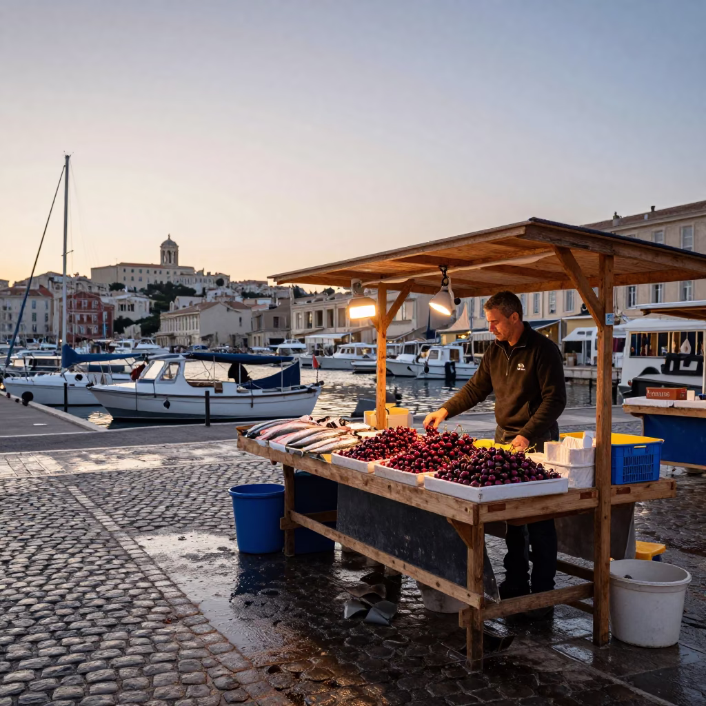 Dawn light on Marseille fish market with cherries and spanner in in Marseille, France
