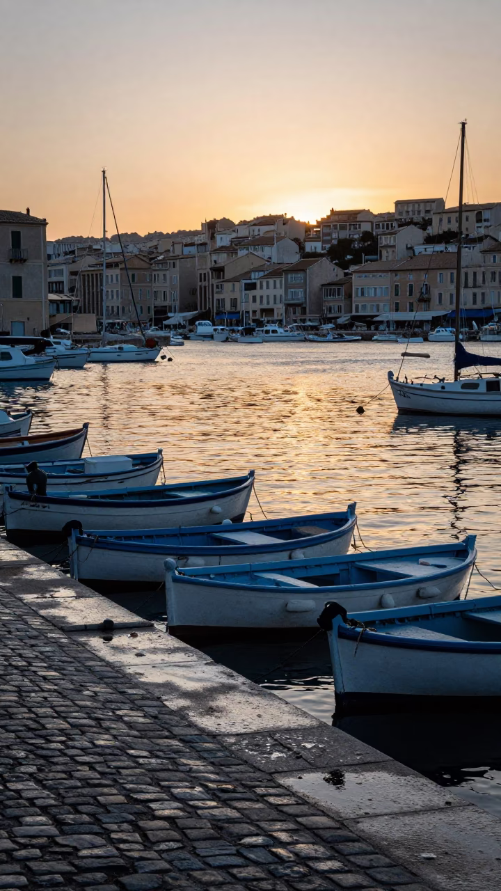 Dawn Light on Marseille Old Port Fishing Boats and Stone Quays in in Marseille, France