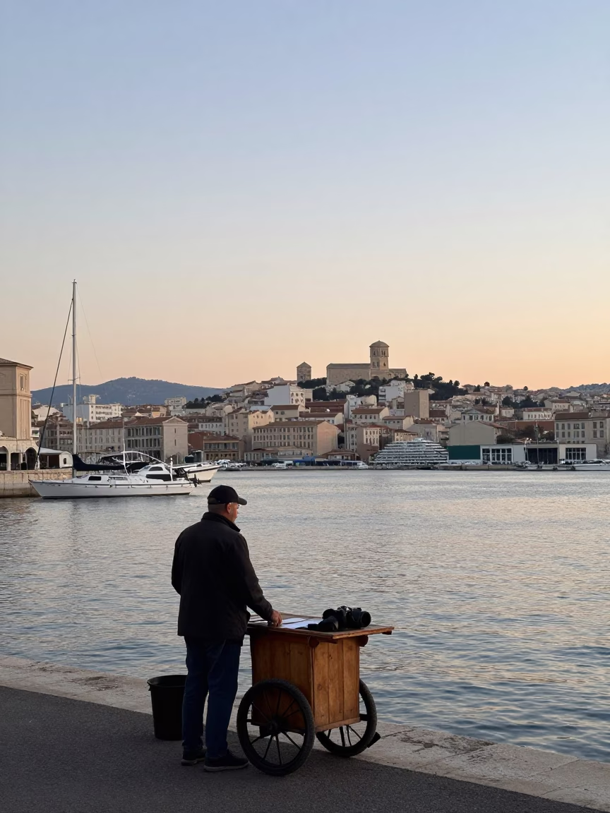 Dawn Light on Marseille Old Port Promenade with Morning Bread Vendor and Glass Balustrade in in Marseille, France