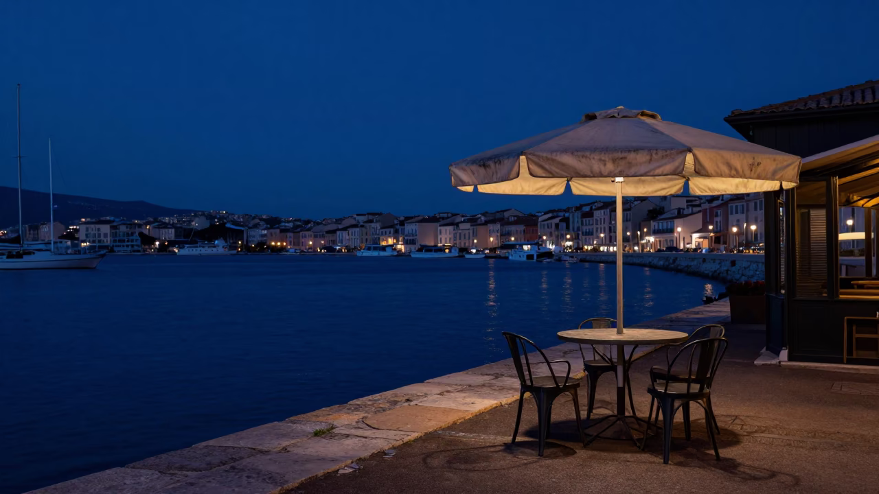 Dawn Light on Marseille Old Port Quayside with Umbrella Stand and Quiet Harbor Views in in Marseille, France