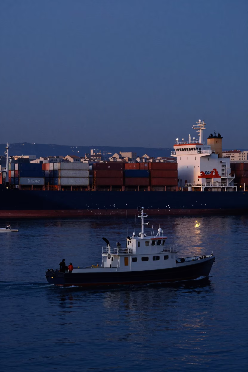 Dawn Light on Marseille Port Pilots and Container Ships Before Sunrise in in Marseille, France