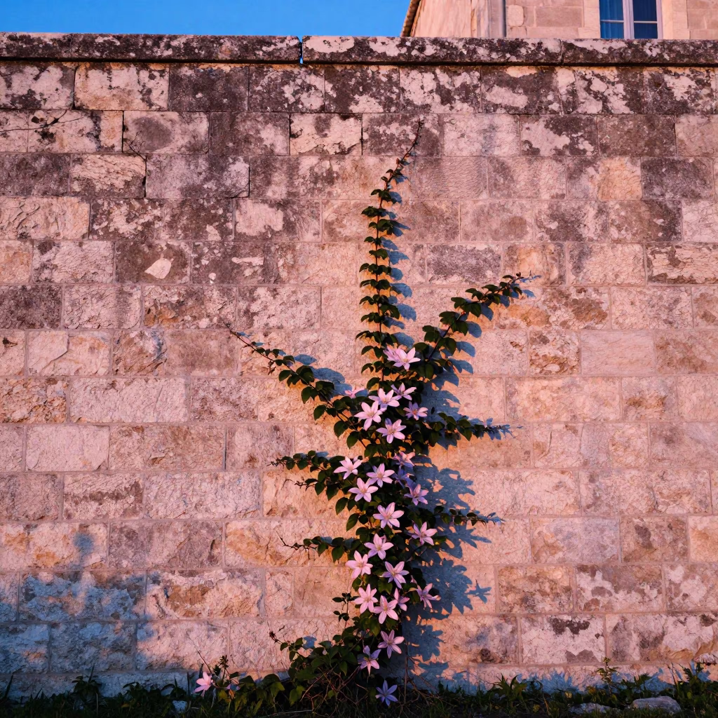 Dawn Light on Marseille Stone Wall with Clematis Vine and Local Morning Market Scene in in Marseille, France
