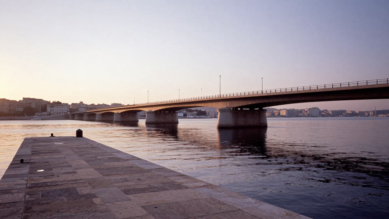 Dawn Light on Marseille Vieux Port Bridge Pier and Still Water Reflections in in Marseille, France