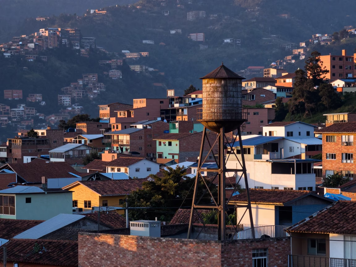 Dawn Light on Medellin Rooftops with Water Tower and Colorful Building Facades in in Medellin, Colombia