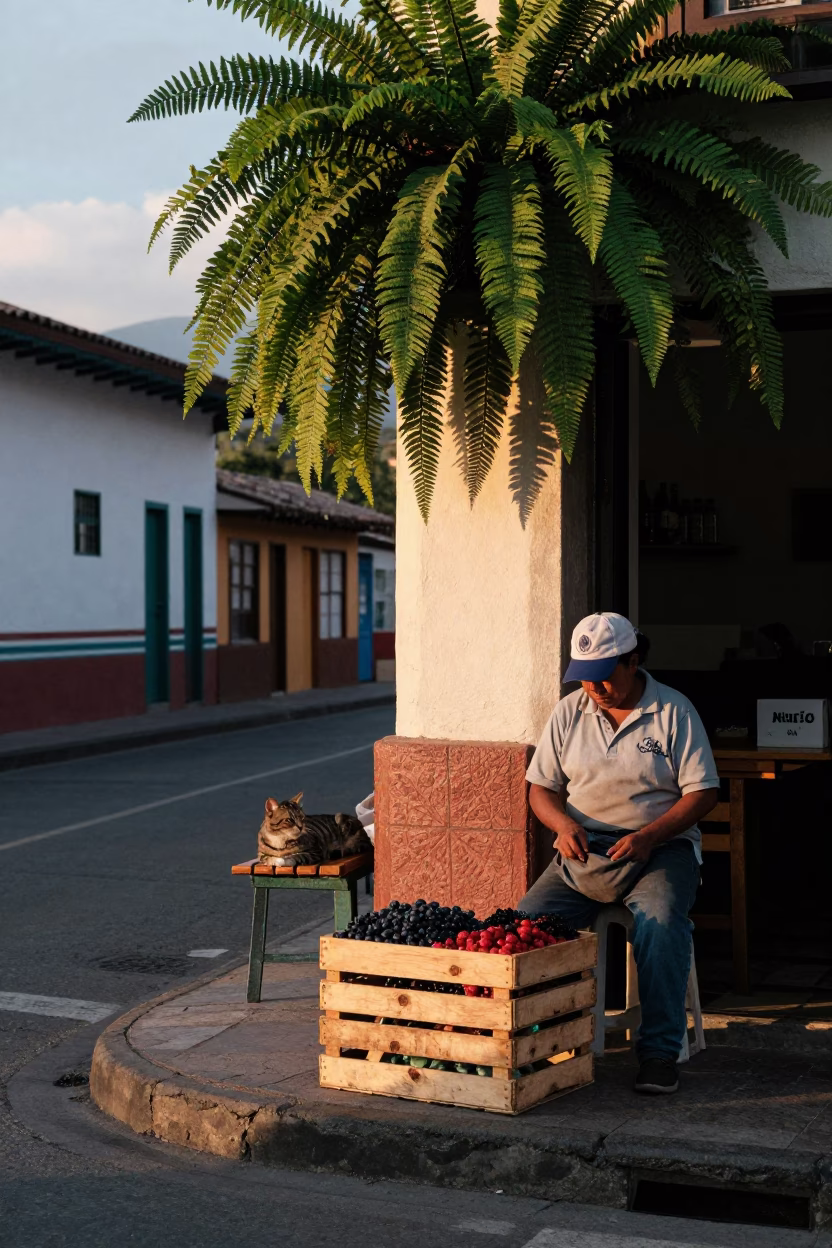 Dawn Light on Medellín Street Corner with Ferns and Local Life in in Medellin, Colombia