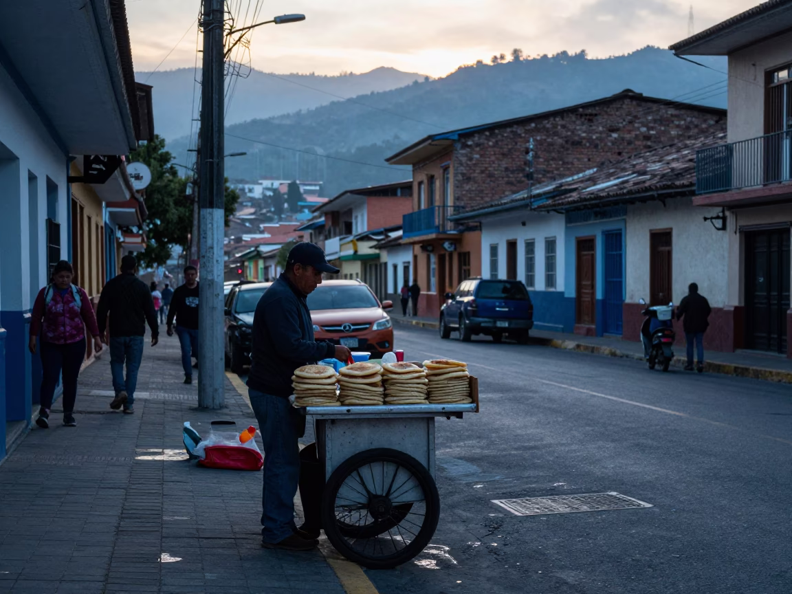 Dawn Light on Medellin Street Corner with Vendor Selling Traditional Colombian Bread Before Sunrise in in Medellin, Colombia