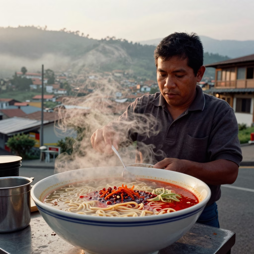 Dawn Light on Medellin Street Vendor Serving Ramen with Chili Oil and Steam in in Medellin, Colombia